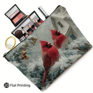Christmas Winter Cardinals & Snowy House Travel Makeup Bag Double Sided Printed